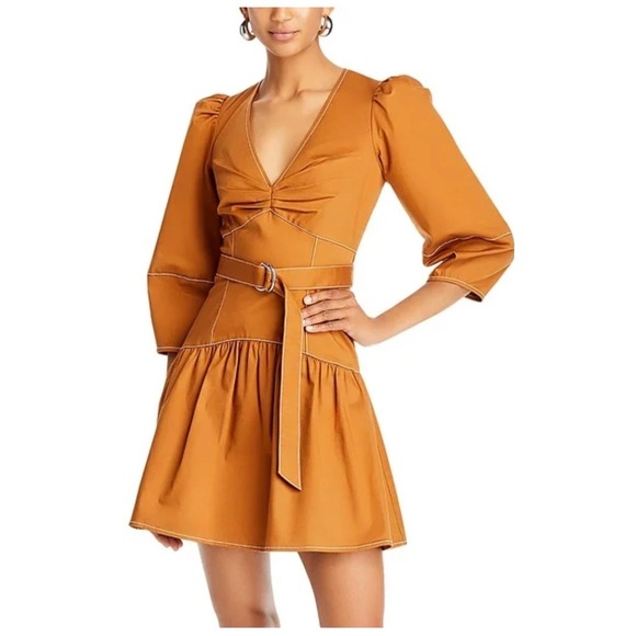 Cinq a Sept Khloe Mini Dress Ochre Brown Contrast Stitch Puff Sleeve Belted 12 - Picture 2 of 10